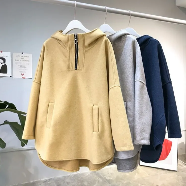 Women Loose BF Hooded Sweatshirt Long Sleeved Tops Hong Kong CHIC Thick Outerwear