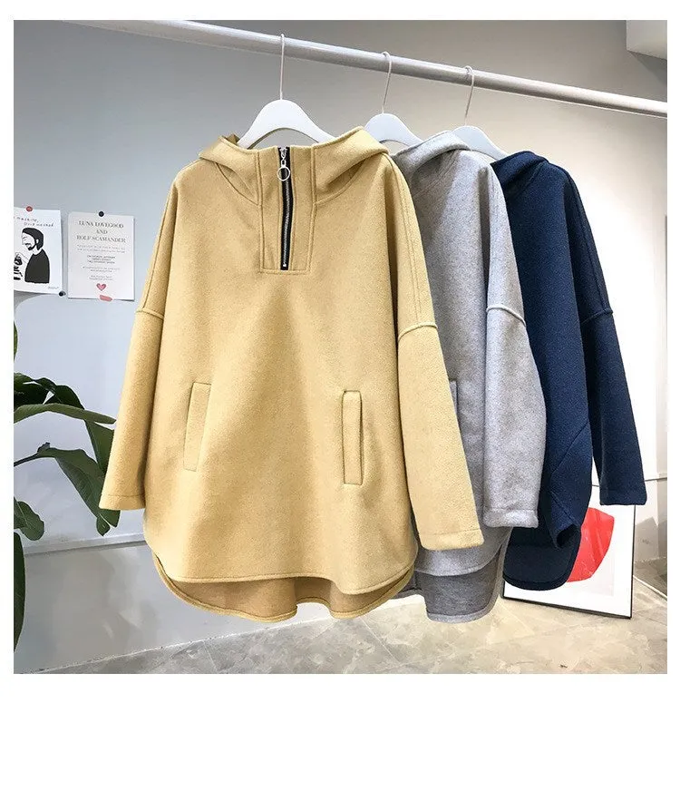 Women Loose BF Hooded Sweatshirt Long Sleeved Tops Hong Kong CHIC Thick Outerwear